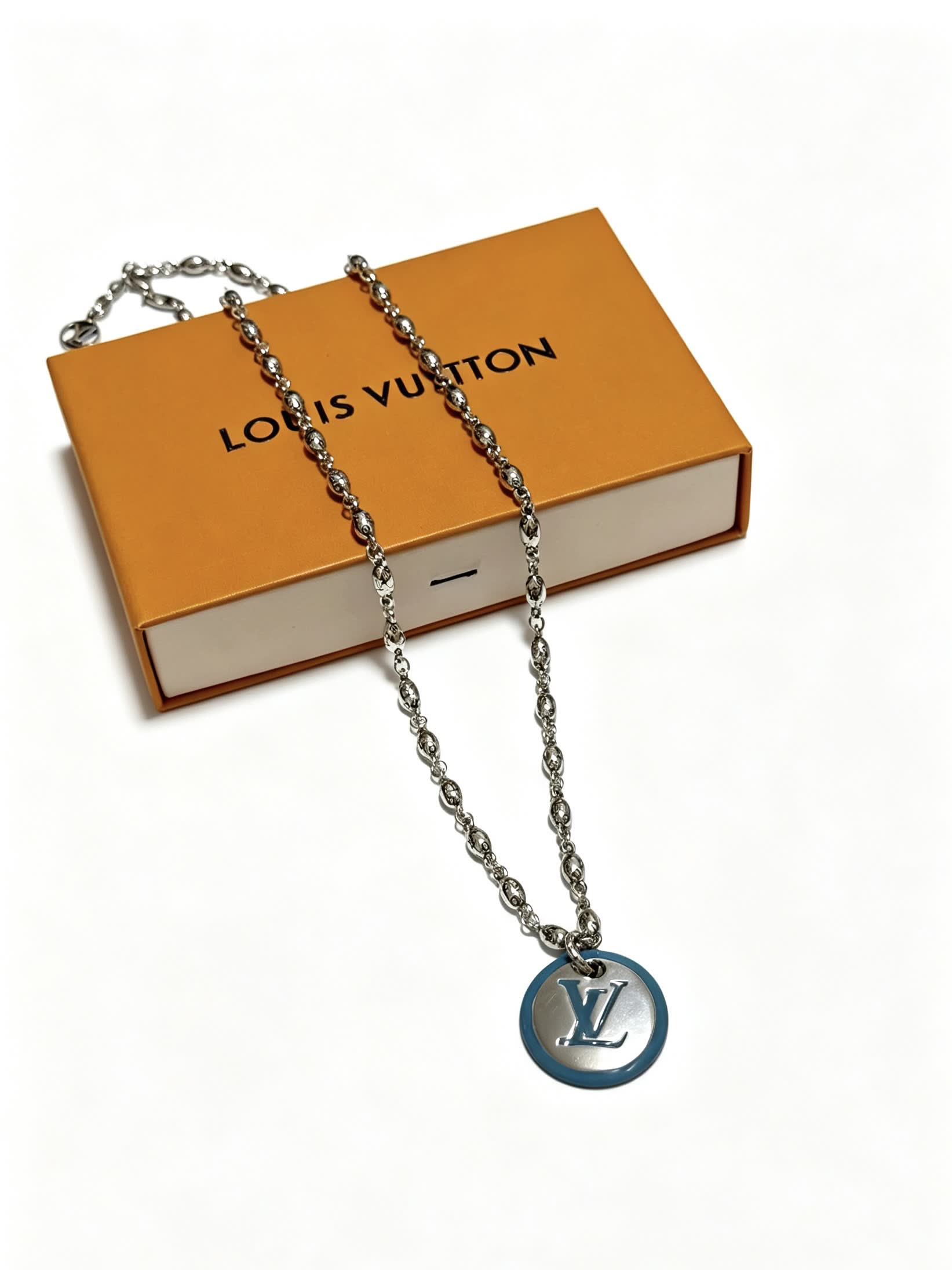 Louis Vuitton Silver and Blue Logo Pendant Necklace